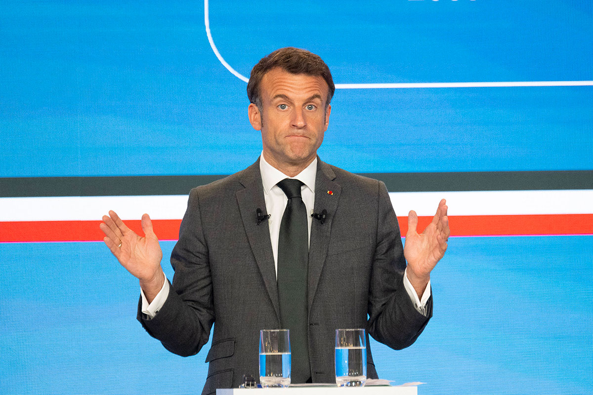Emmanuel Macron présente son projet d’accélération de la réindustrialisation française en mai 2023 à l’Elysée. Crédit Jacques Witt/SIPA