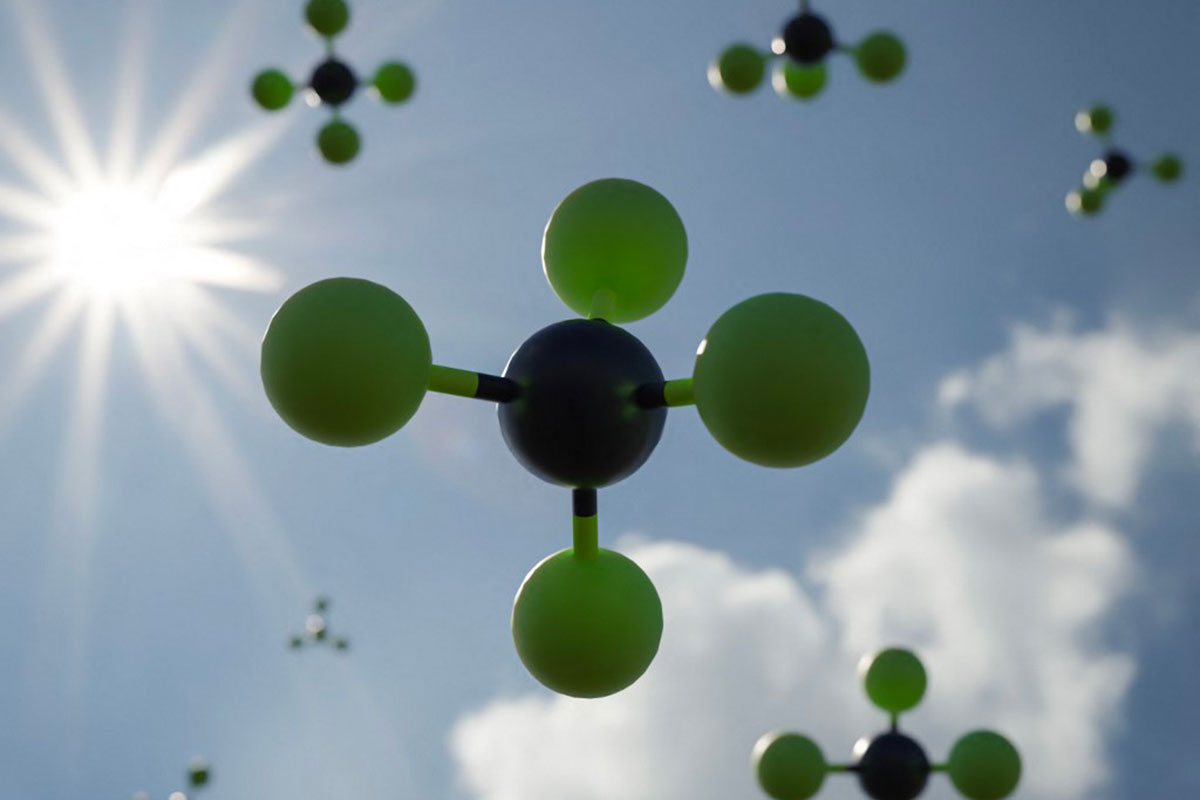 illustration informatique de molécules de tétrafluorométhane (tétrafluorure de carbone), un gaz à effet de serre. Crédit ROBERT BROOK / SCIENCE PHOTO LIBRA / RBR / via AFP