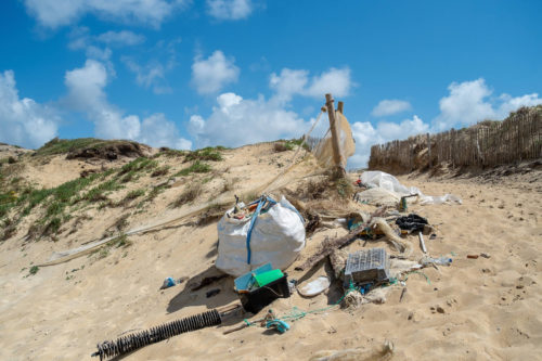Des déchets collectés après le nettoyage d'une plage de Seignosse sur le littoral landais.