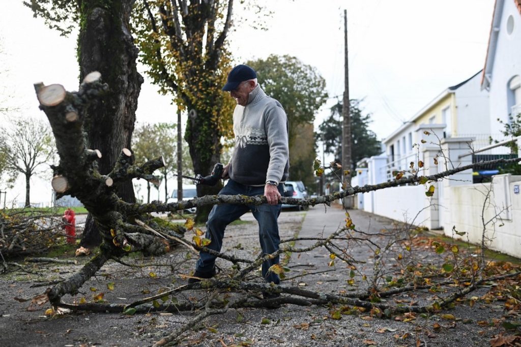 Les habitants aussi tentent de réparer les dégâts causés par la tempête Ciaran. Ce retraité coupe un arbre tombé devant sa maison à Saint-Nazaire